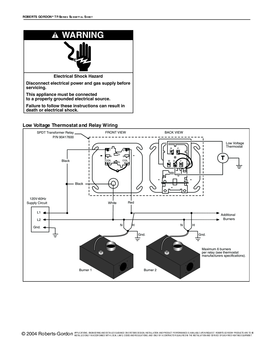 Roberts Gorden TF-Series service manual Low Voltage Thermostat and Relay Wiring, Electrical Shock Hazard 
