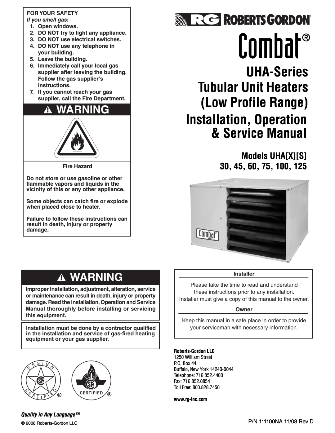 Roberts Gorden UHA[X][S] 30, UHA[X][S] 45 service manual Combat, UHA-Series Tubular Unit Heaters Low Profile Range 