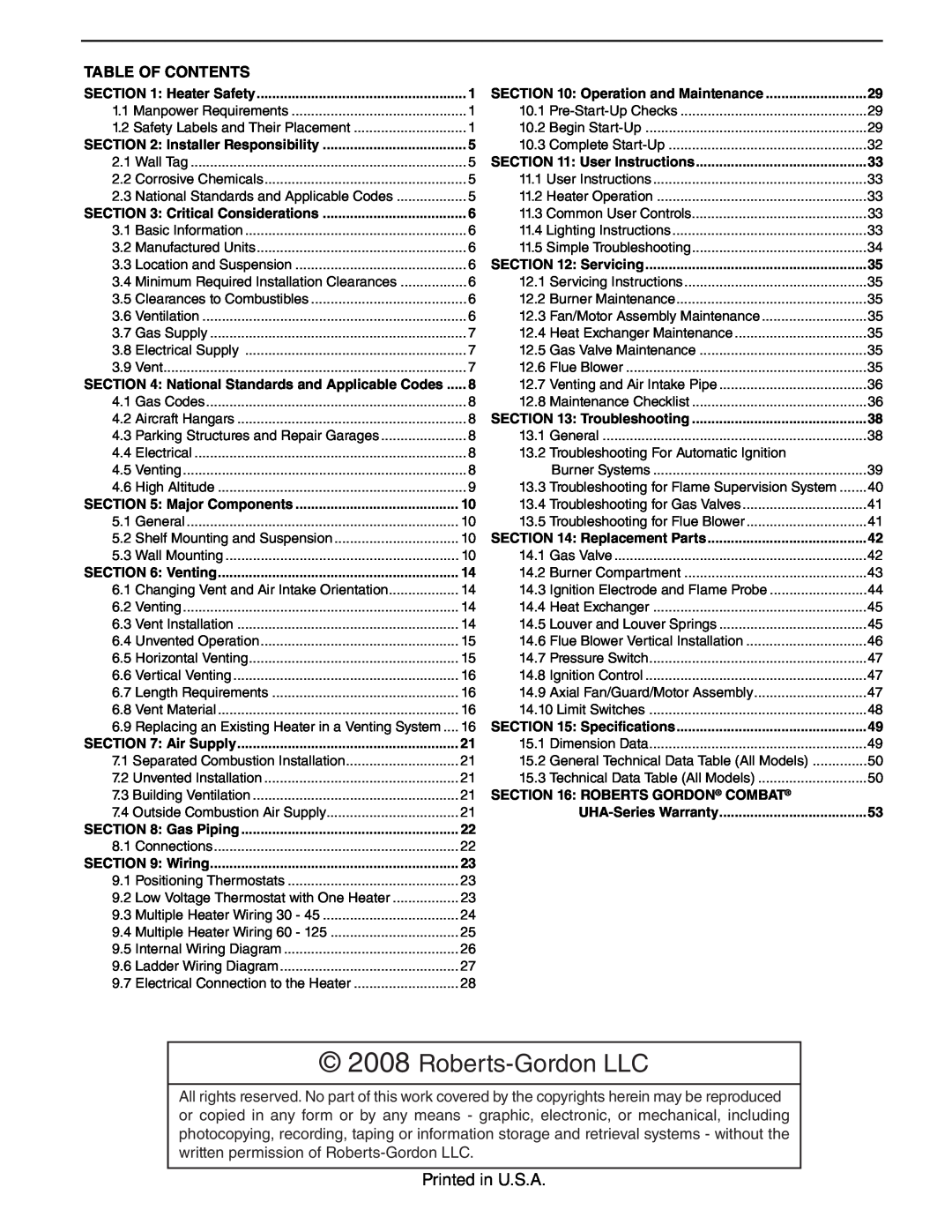 Roberts Gorden UHA[X][S] 100, UHA[X][S] 45, UHA[X][S] 30 Roberts-GordonLLC, Printed in U.S.A, Table Of Contents 