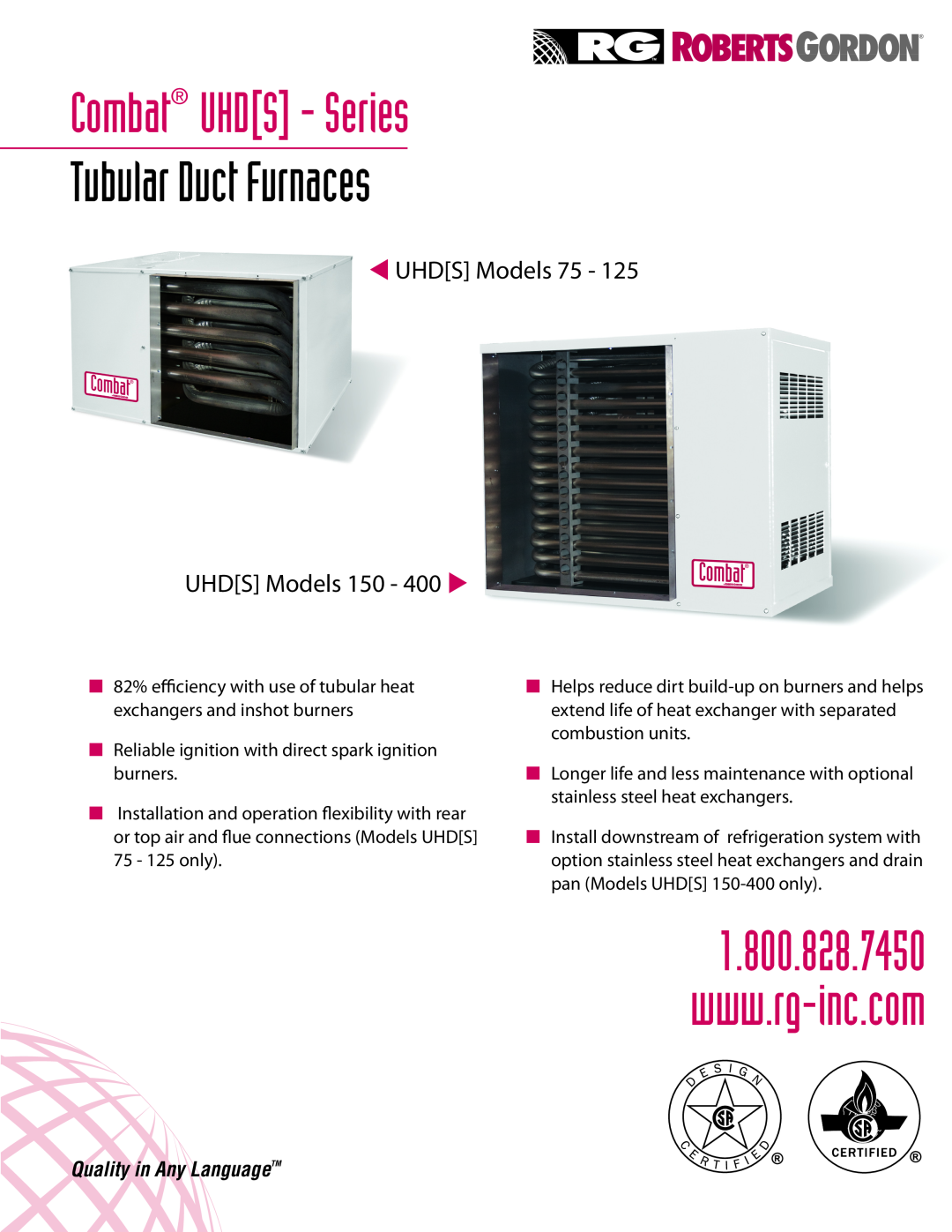 Roberts Gorden UHD[S] 150-400 manual Combat UHDS - Series, Tubular Duct Furnaces, Quality in Any LanguageTM 