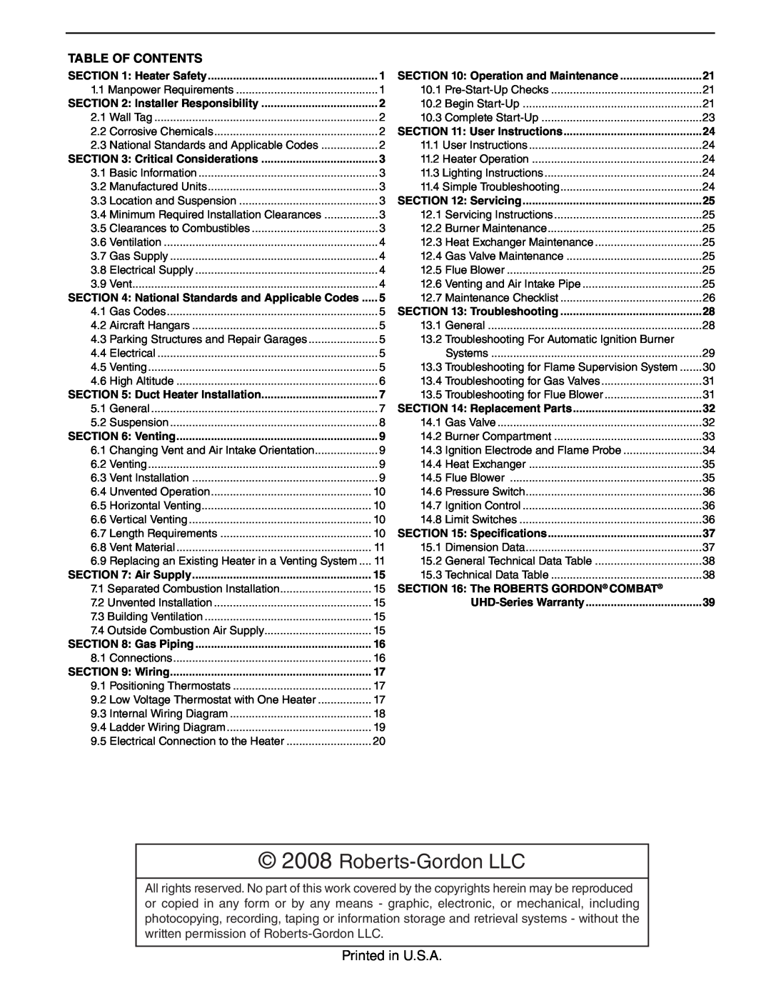 Roberts Gorden UHD[X][S][R] 350, UHD[X][S][R] 300, UHD[X][S][R] 250 Roberts-GordonLLC, Printed in U.S.A, Table Of Contents 