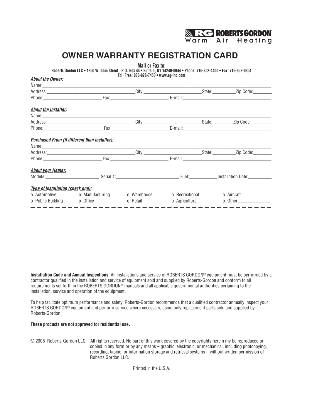 Roberts Gorden UHD[X][S][R] 175 Owner Warranty Registration Card, W a r m, A i r H e a t i n g, About the Owner 