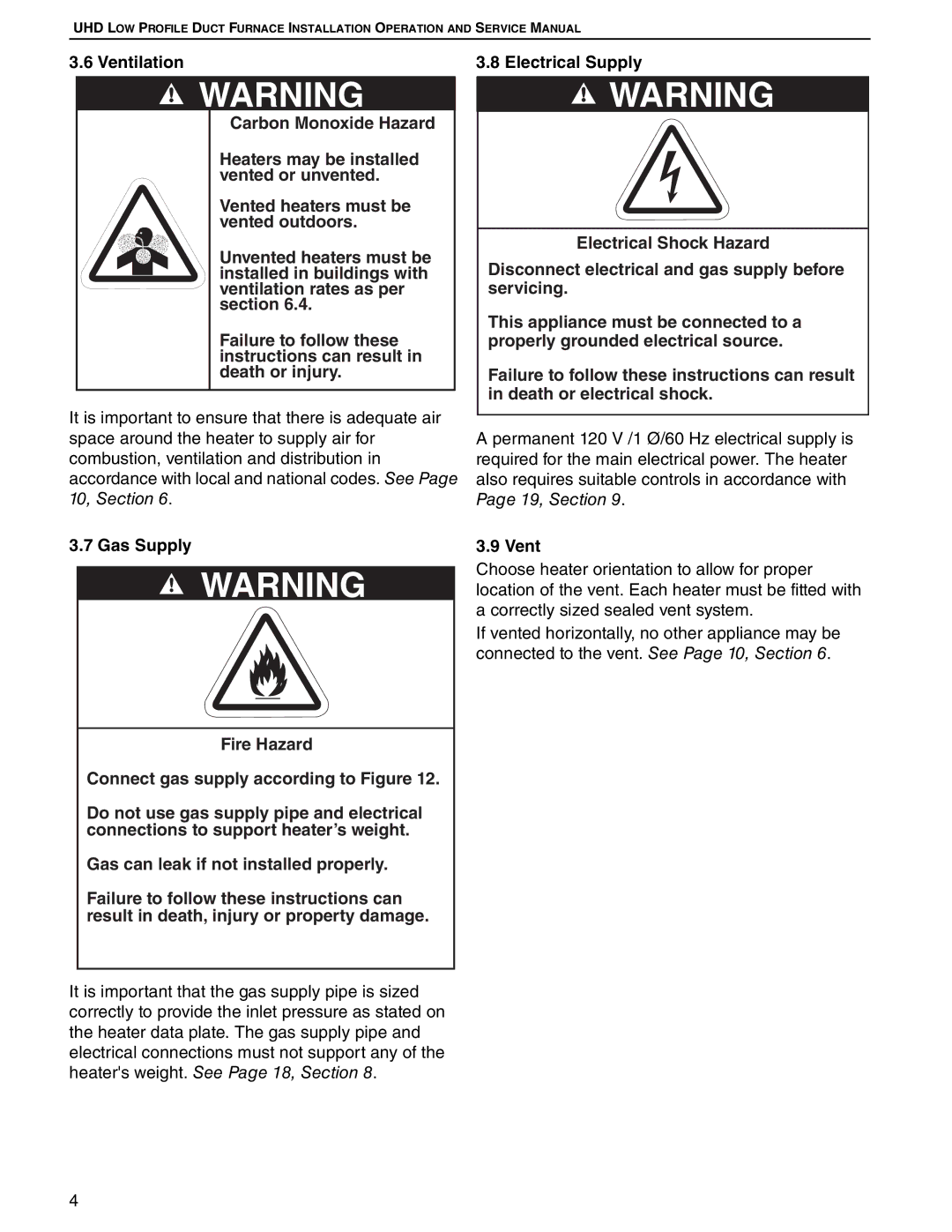 Roberts Gorden UHD[X][S][R] 75, UHD[X][S][R] 125 service manual Ventilation, Electrical Supply, Gas Supply 