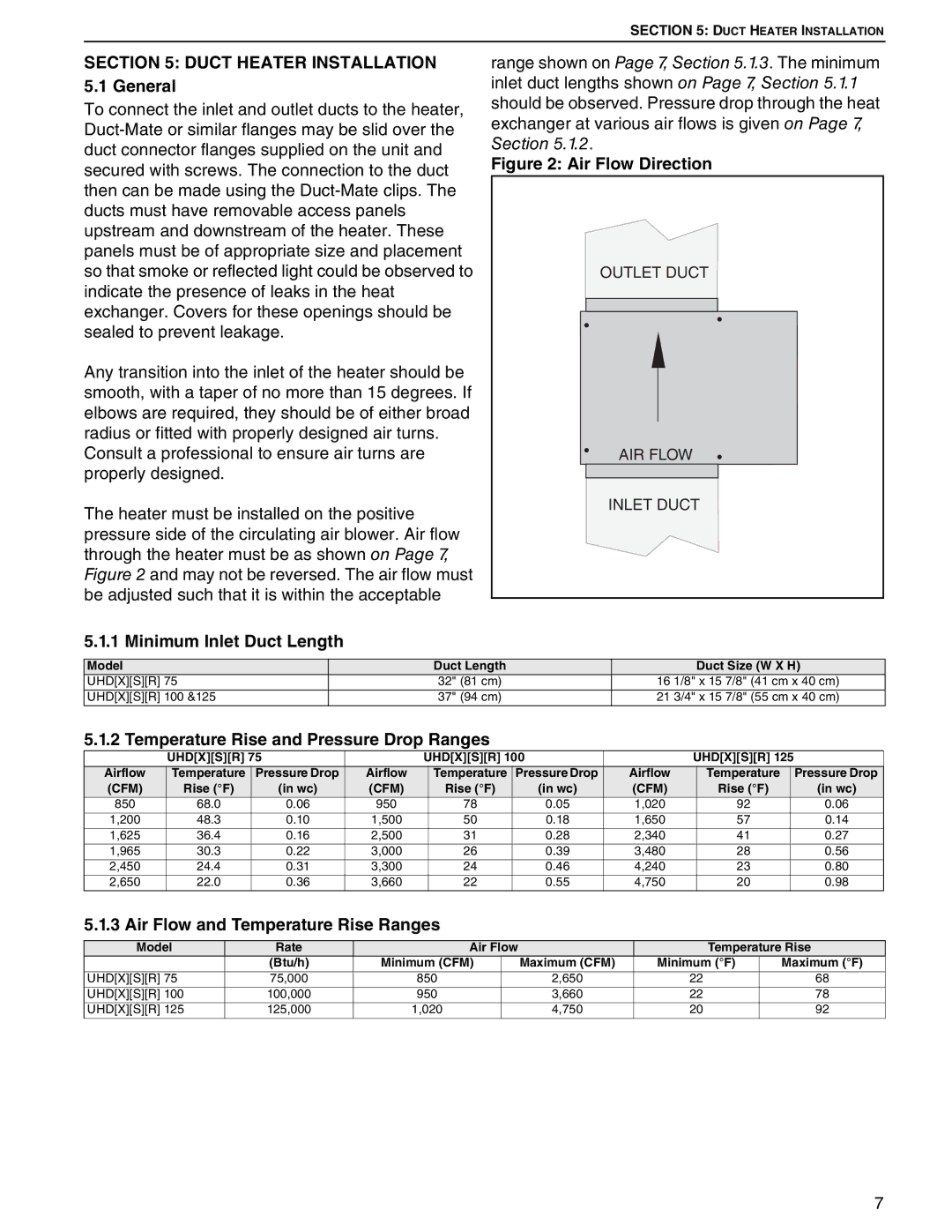 Roberts Gorden UHD[X][S][R] 125, UHD[X][S][R] 75 Duct Heater Installation 5.1 General, Minimum Inlet Duct Length 