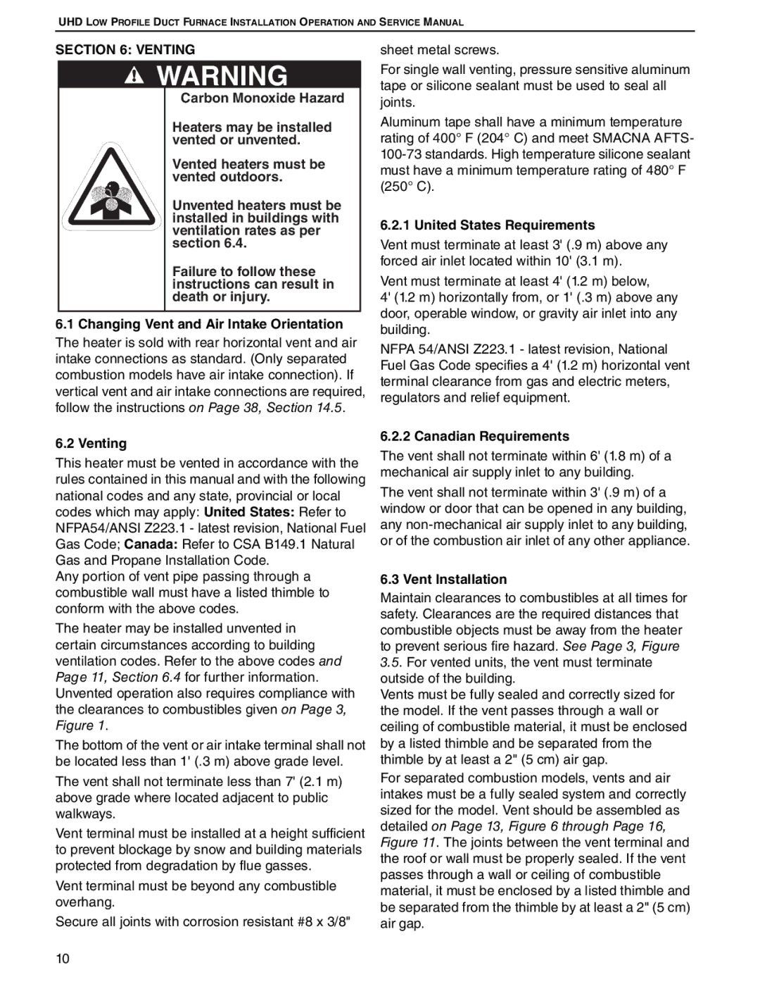 Roberts Gorden UHD[X][S][R] 75 service manual Venting, Changing Vent and Air Intake Orientation, United States Requirements 