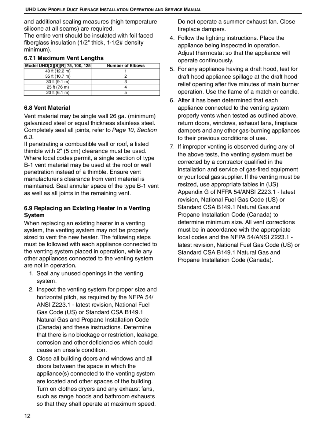 Roberts Gorden UHD[X][S][R] 75 Maximum Vent Lengths, Vent Material, Replacing an Existing Heater in a Venting System 