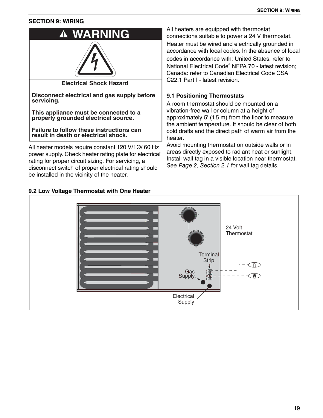 Roberts Gorden UHD[X][S][R] 125, UHD[X][S][R] 75 Wiring, Low Voltage Thermostat with One Heater, Positioning Thermostats 