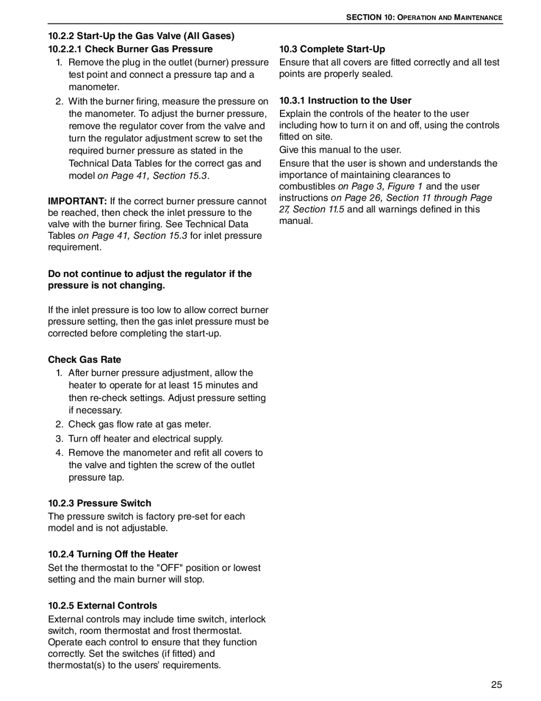 Roberts Gorden UHD[X][S][R] 125 service manual Check Gas Rate, Pressure Switch, Turning Off the Heater, External Controls 