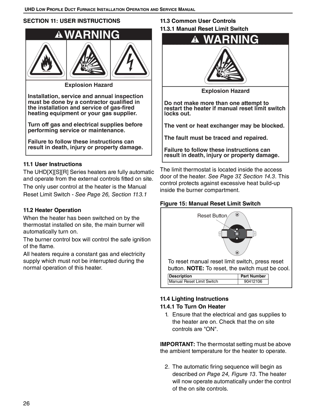 Roberts Gorden UHD[X][S][R] 75 User Instructions, Heater Operation, Lighting Instructions 11.4.1 To Turn On Heater 