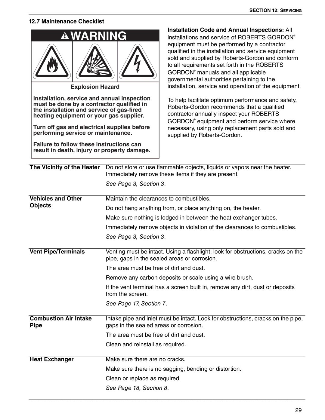 Roberts Gorden UHD[X][S][R] 125 Maintenance Checklist, Vicinity of the Heater, Vehicles and Other, Objects, Pipe 