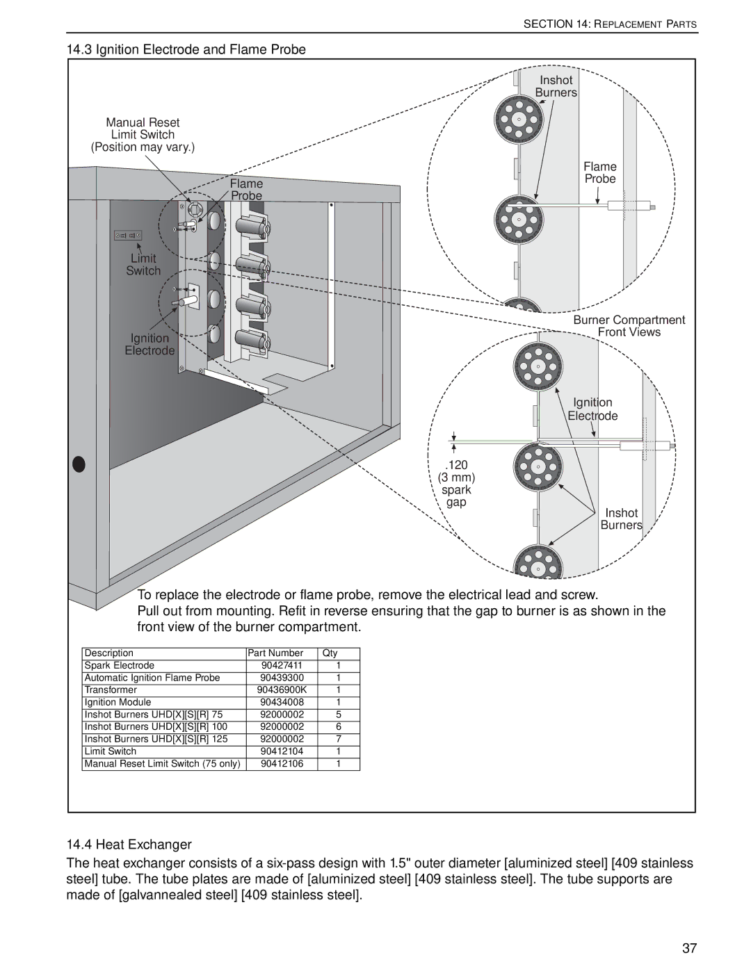 Roberts Gorden UHD[X][S][R] 125, UHD[X][S][R] 75 service manual Ignition Electrode and Flame Probe, Heat Exchanger 