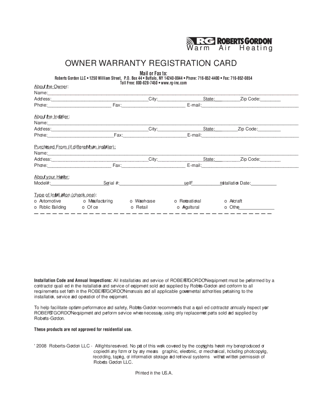 Roberts Gorden UHD[X][S][R] 125, UHD[X][S][R] 75 service manual Owner Warranty Registration Card 