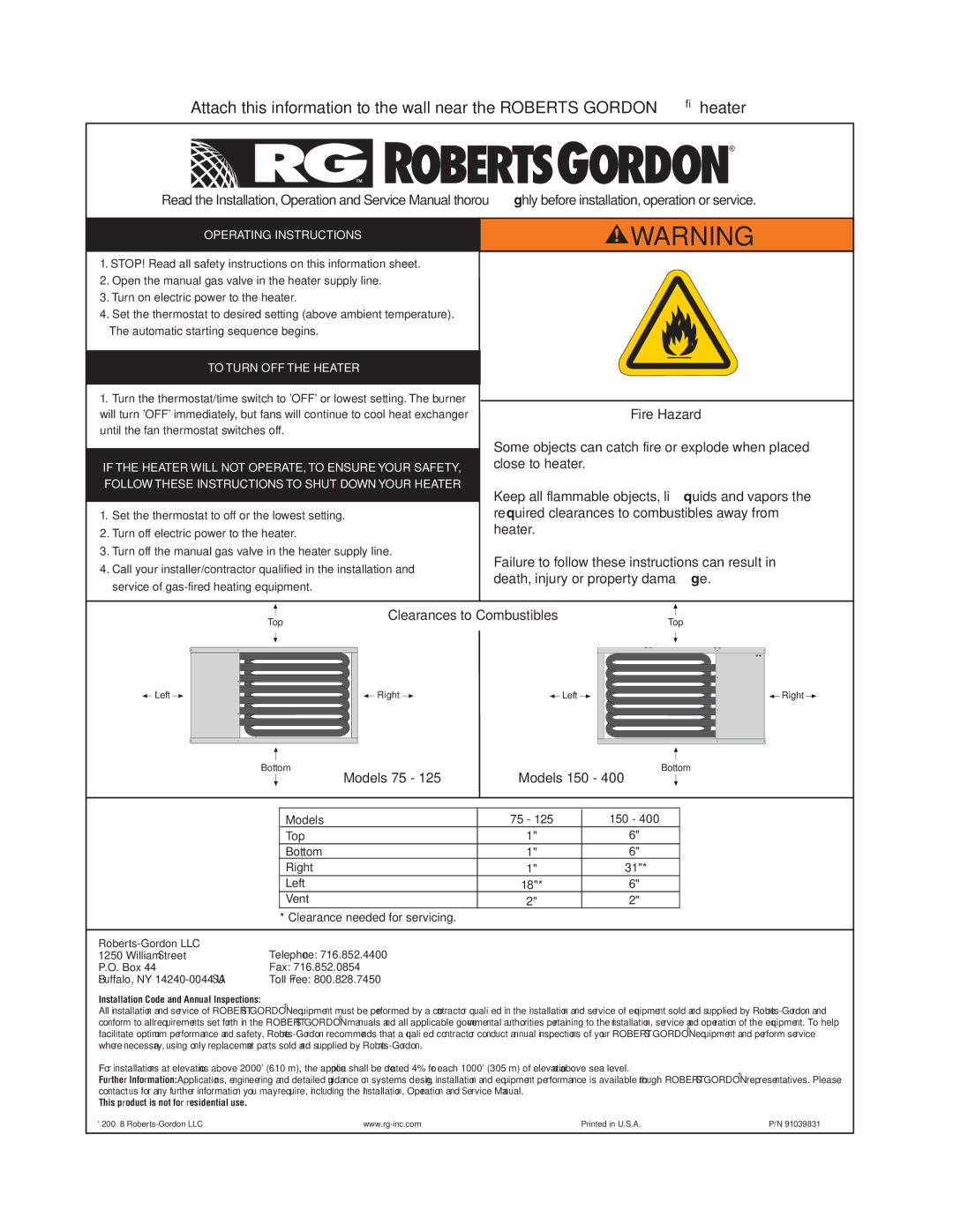 Roberts Gorden UHD[X][S][R] 75, UHD[X][S][R] 125 service manual Clearances to Combustibles 