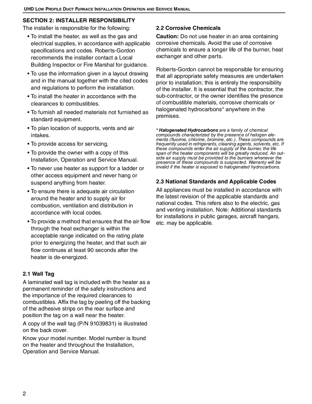 Roberts Gorden UHD[X][S][R] 75 Installer Responsibility, Corrosive Chemicals, National Standards and Applicable Codes 