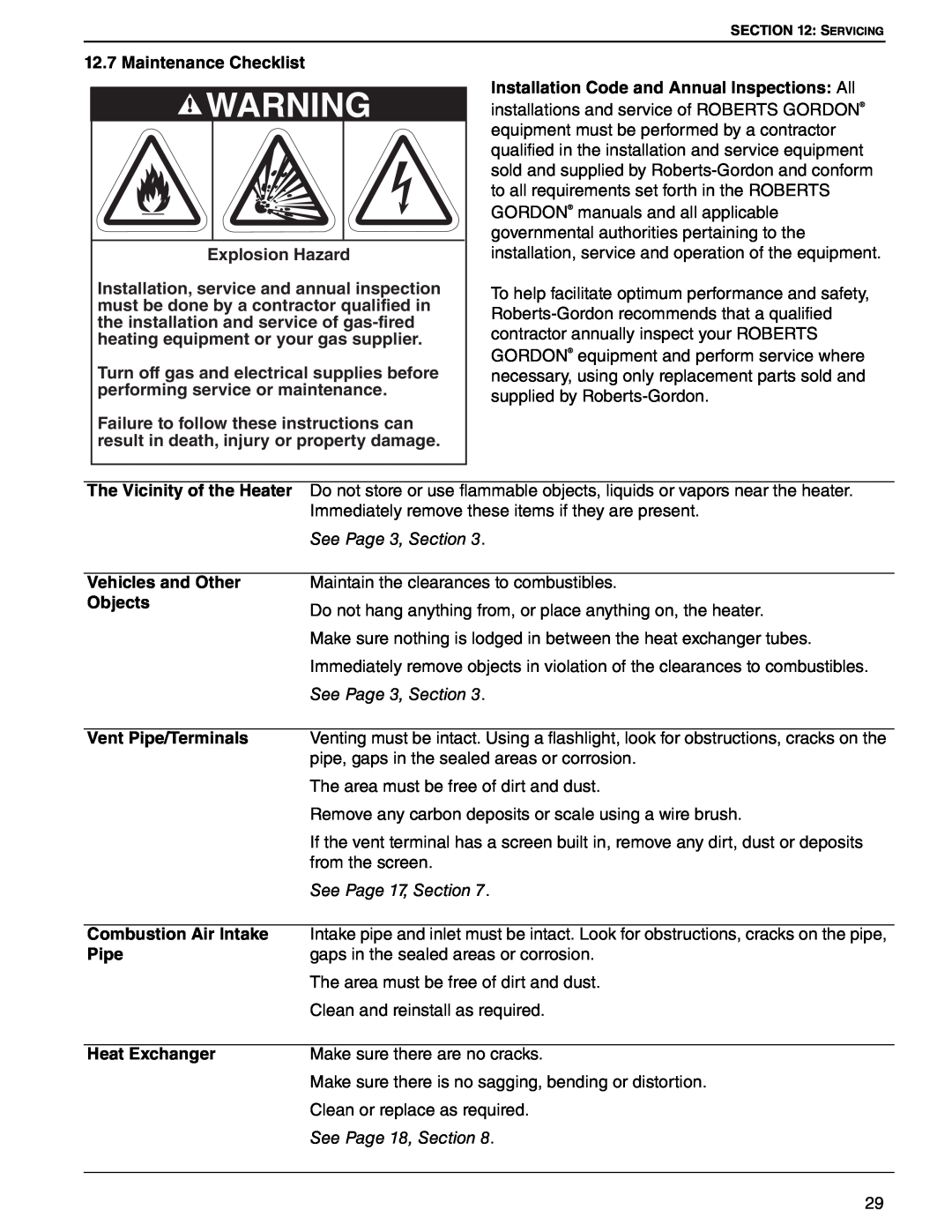Roberts Gorden UHD[X][S][R] 125 Maintenance Checklist, The Vicinity of the Heater, See Page 3, Section, Vehicles and Other 