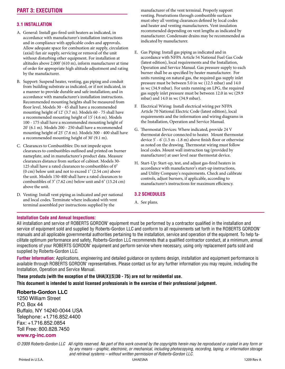 Roberts Gorden WHA XS Series manual Part 3 Execution, Installation, Schedules 
