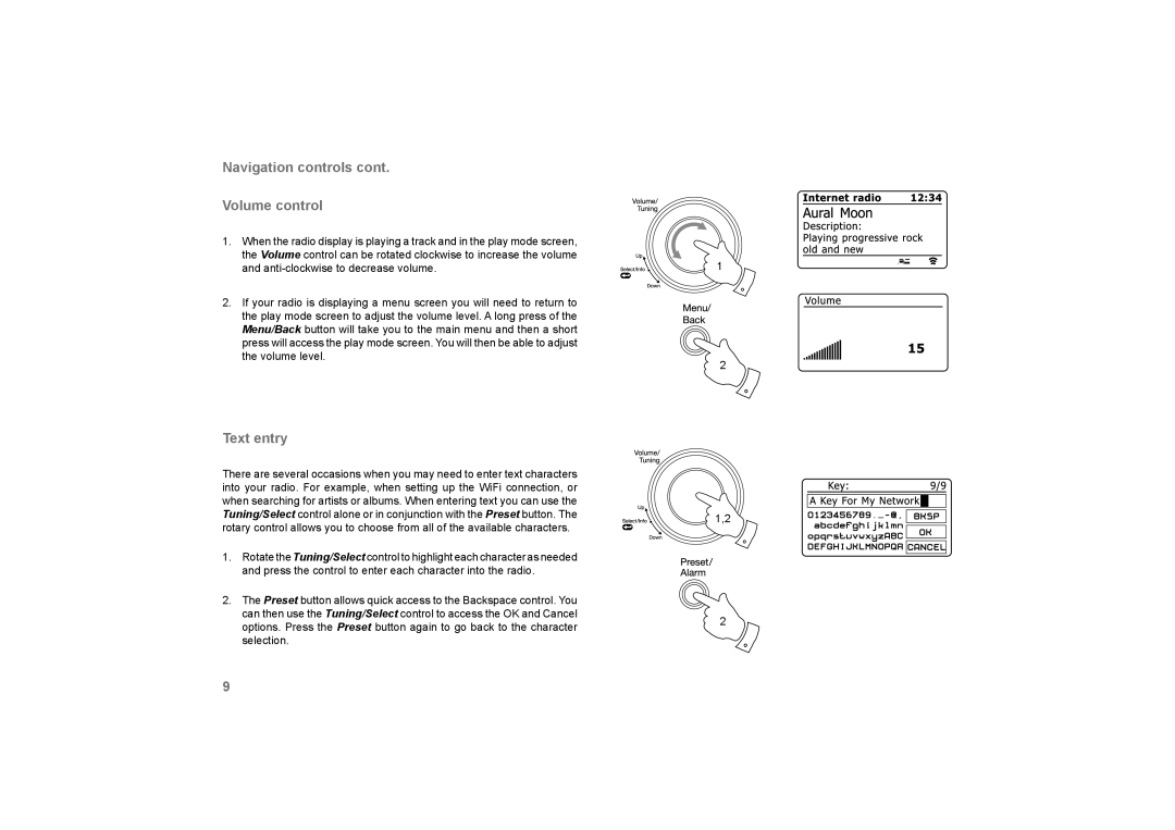 Roberts Radio 105 manual Navigation controls Volume control, Text entry 