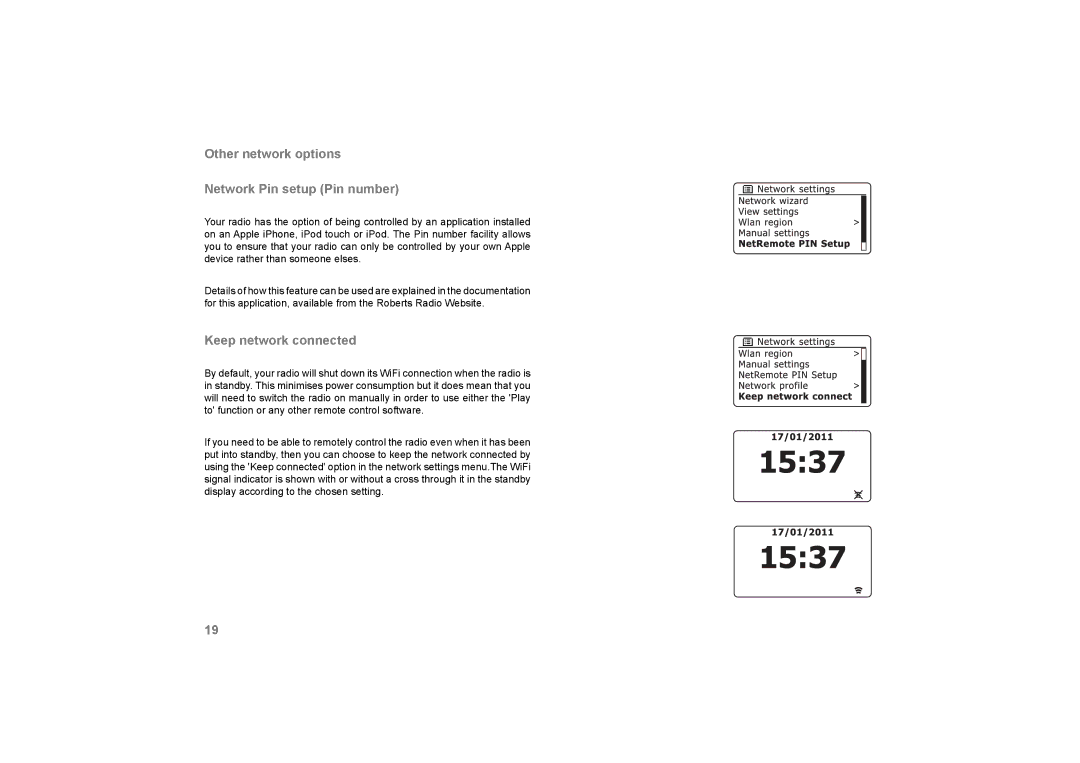 Roberts Radio 105 manual Other network options Network Pin setup Pin number, Keep network connected 