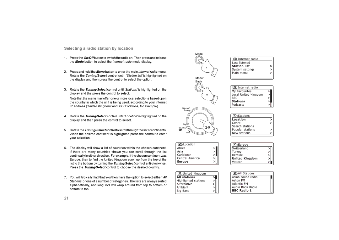 Roberts Radio 105 manual Selecting a radio station by location 