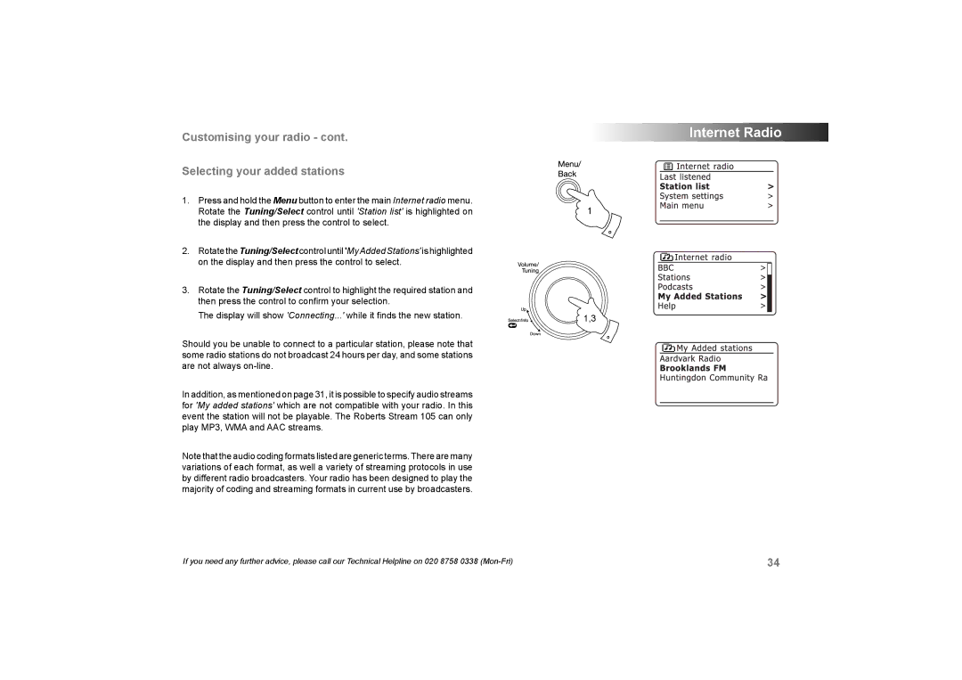 Roberts Radio 105 manual Customising your radio Selecting your added stations 