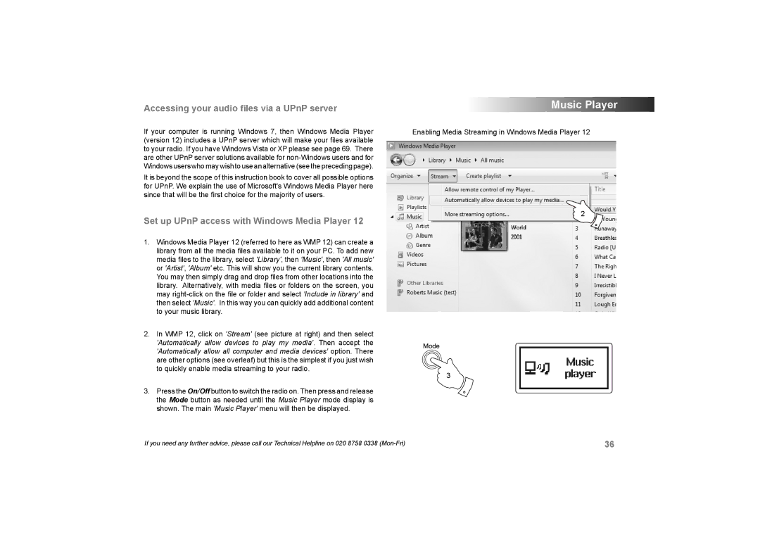 Roberts Radio 105 manual Accessing your audio ﬁles via a UPnP server, Set up UPnP access with Windows Media Player 