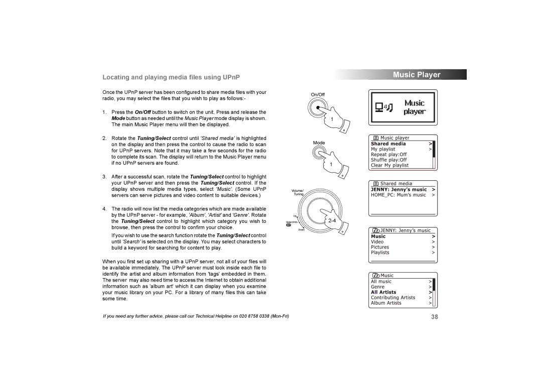 Roberts Radio 105 manual Locating and playing media ﬁles using UPnP 