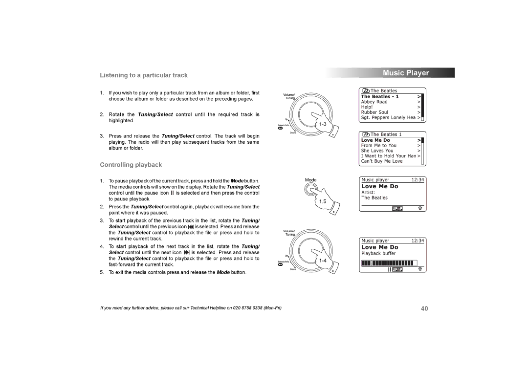 Roberts Radio 105 manual Listening to a particular track, Controlling playback 