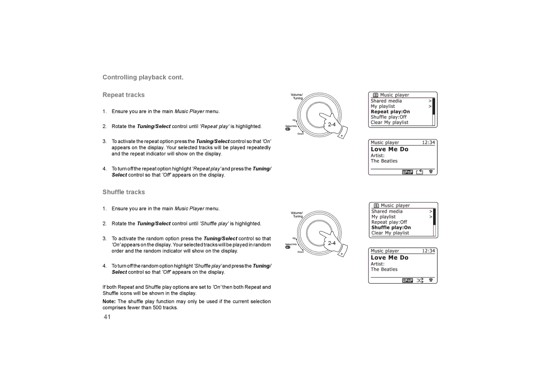 Roberts Radio 105 manual Controlling playback Repeat tracks, Shufﬂe tracks 