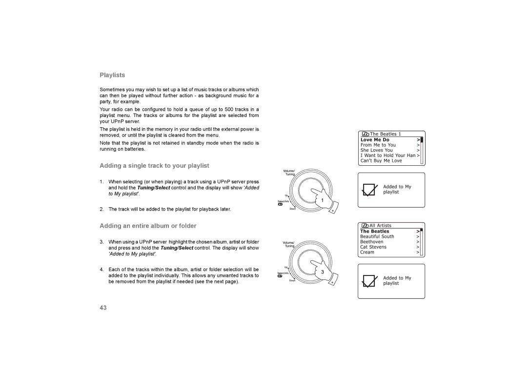 Roberts Radio 105 manual Playlists, Adding a single track to your playlist, Adding an entire album or folder 