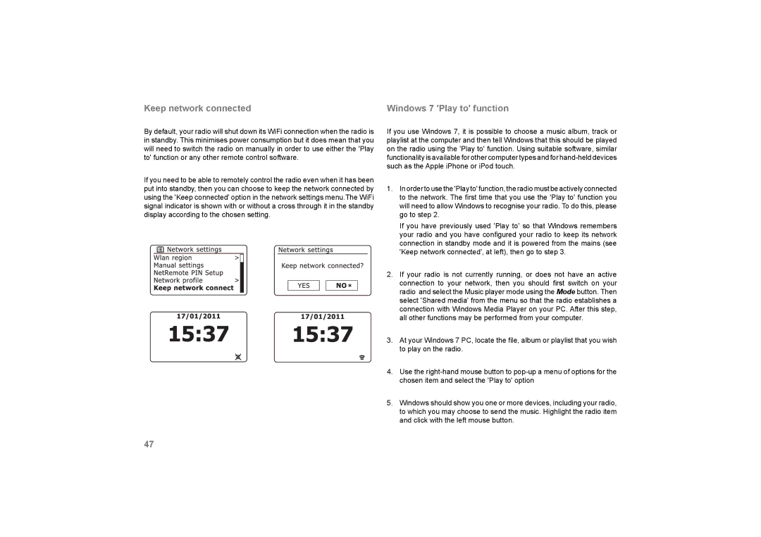 Roberts Radio 105 manual Keep network connected Windows 7 Play to function 