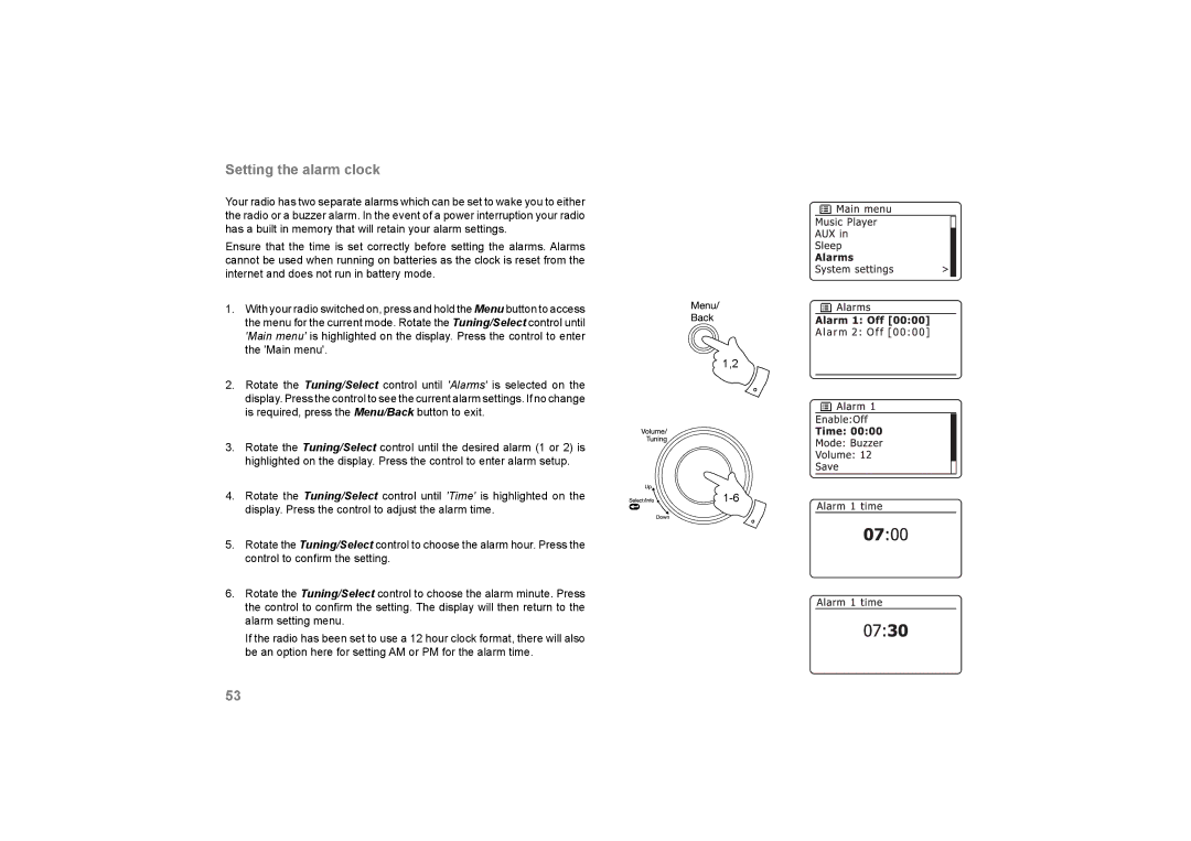 Roberts Radio 105 manual Setting the alarm clock 