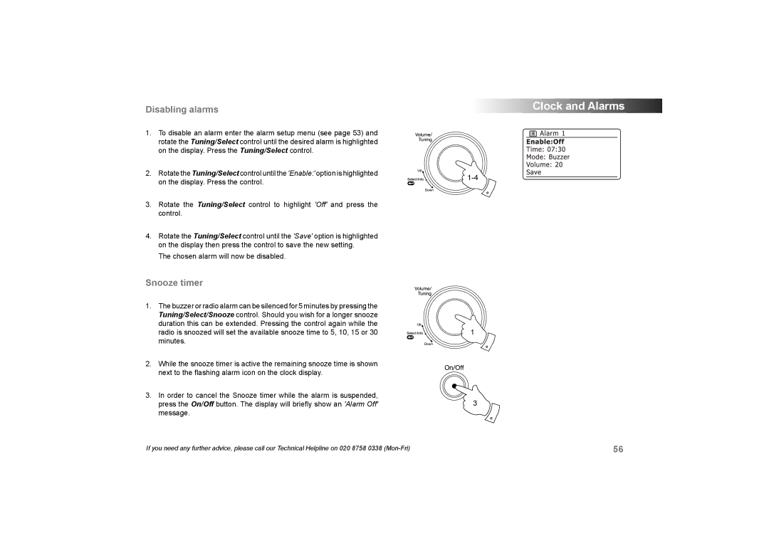 Roberts Radio 105 manual Disabling alarms, Snooze timer 