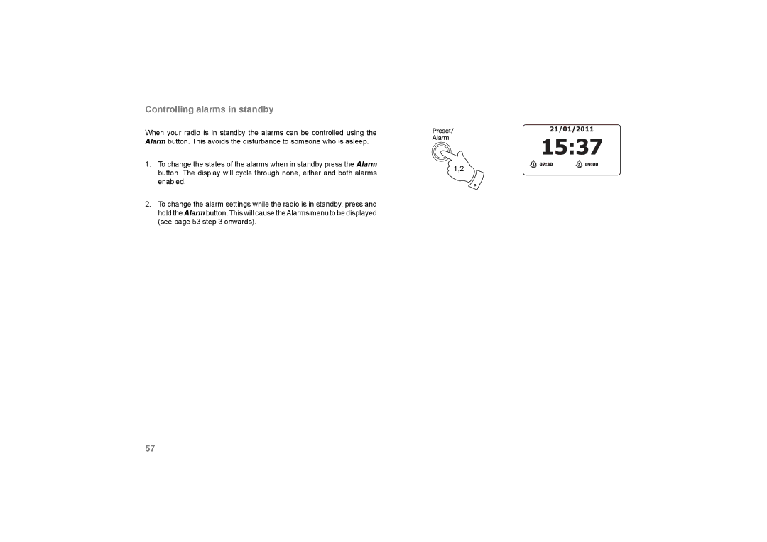 Roberts Radio 105 manual Controlling alarms in standby 