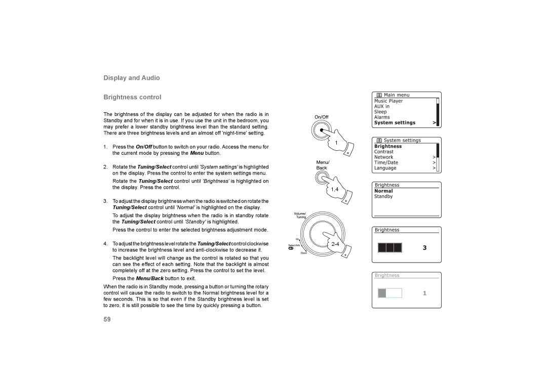 Roberts Radio 105 manual Display and Audio Brightness control 