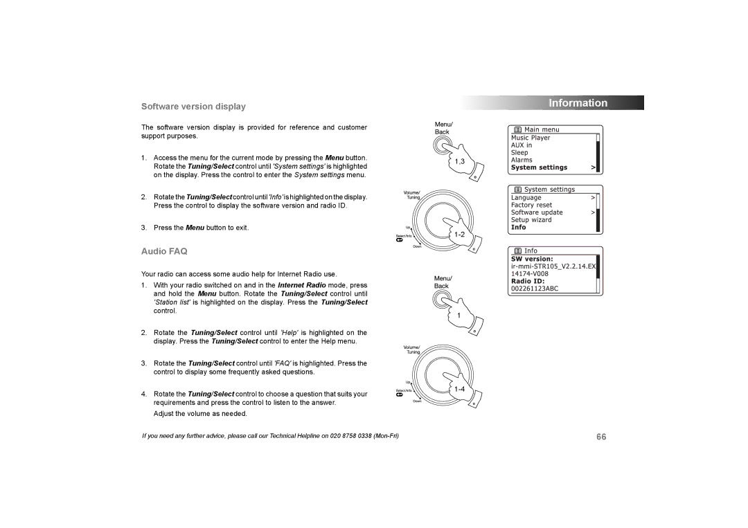 Roberts Radio 105 manual Software version display, Audio FAQ 