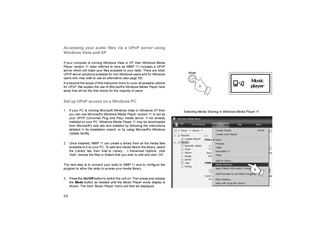 Roberts Radio 105 manual Selecting Media Sharing in Windows Media Player 