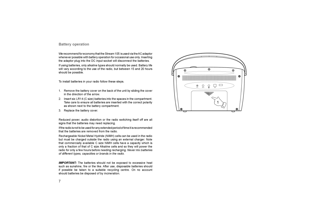 Roberts Radio 105 manual Battery operation 