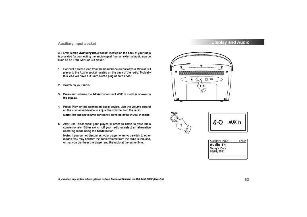 Roberts Radio 105 manual Auxiliary input socket, Display and Audio 