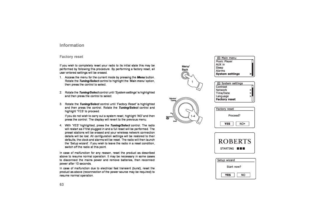 Roberts Radio 105 manual Information, Factory reset 