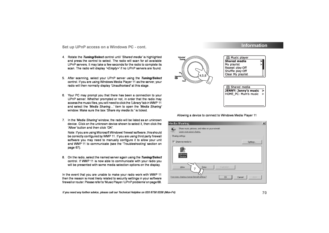 Roberts Radio 105 manual Information, Set up UPnP access on a Windows PC - cont, 4,5,8 