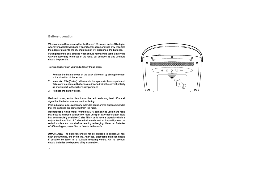 Roberts Radio 105 manual Battery operation 