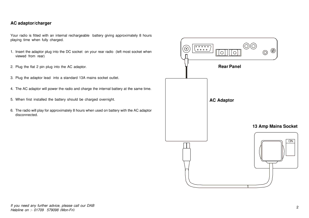 Roberts Radio 2000 manual AC adaptor/charger, Rear Panel AC Adaptor Amp Mains Socket 