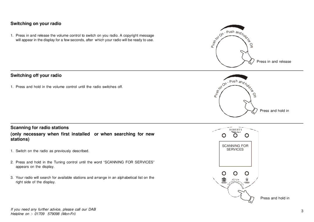 Roberts Radio 2000 manual Switching on your radio, Switching off your radio 