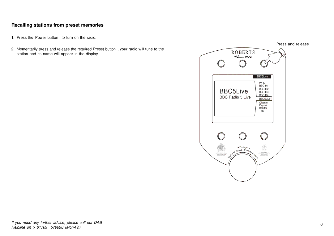 Roberts Radio 2000 manual BBC5Live, Recalling stations from preset memories, BBC Radio 5 Live, Tuning Ele 