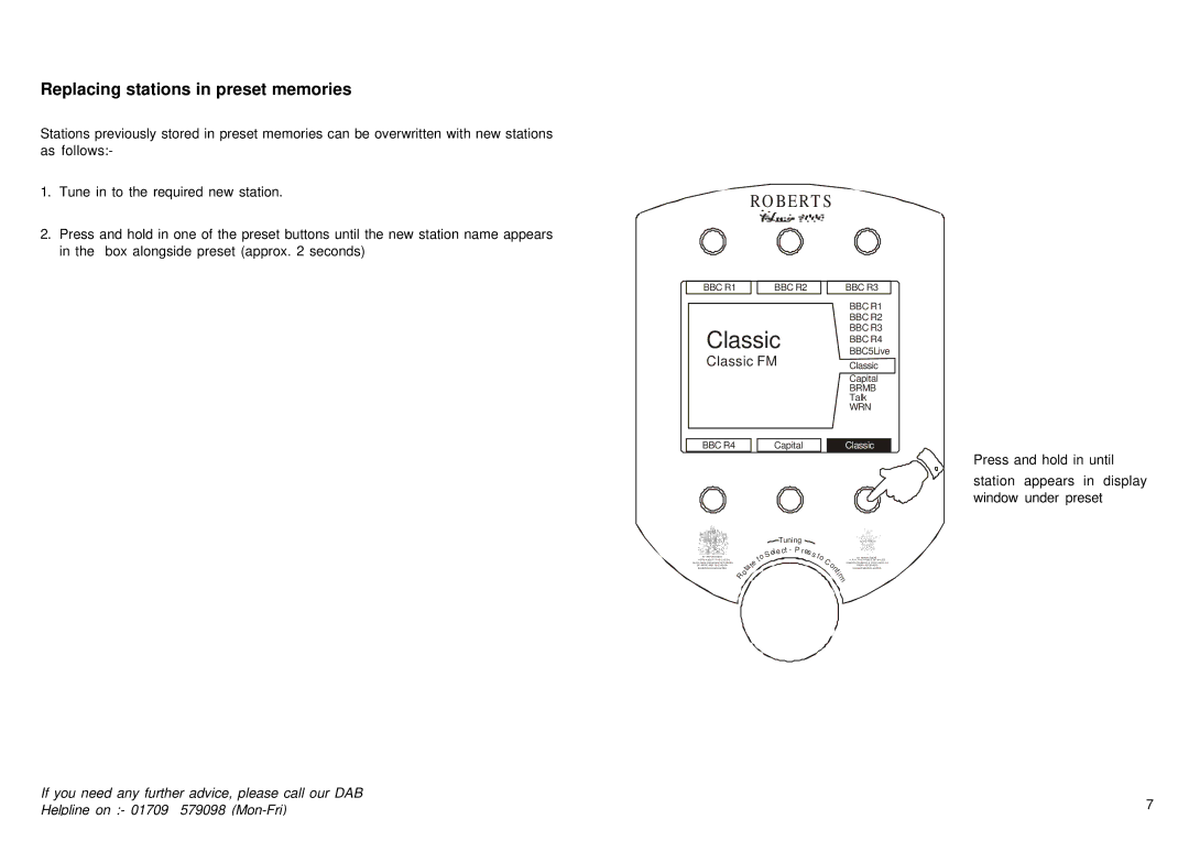 Roberts Radio 2000 manual Replacing stations in preset memories, Classic FM, Tuning Ele ct 