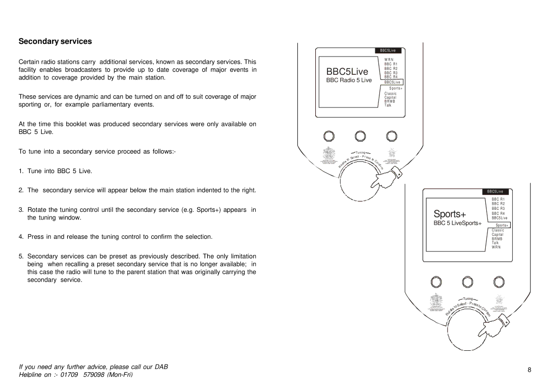 Roberts Radio 2000 manual Secondary services, Tuning Lect Pre 