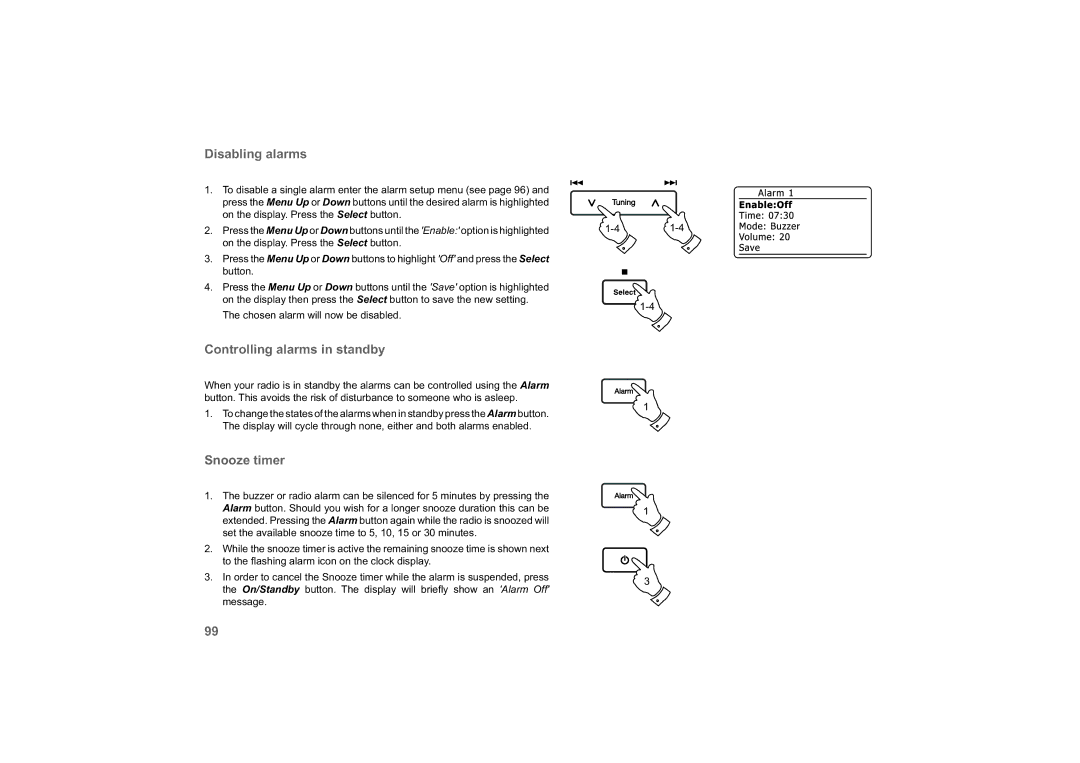 Roberts Radio 63I manual Disabling alarms, Controlling alarms in standby, Snooze timer 