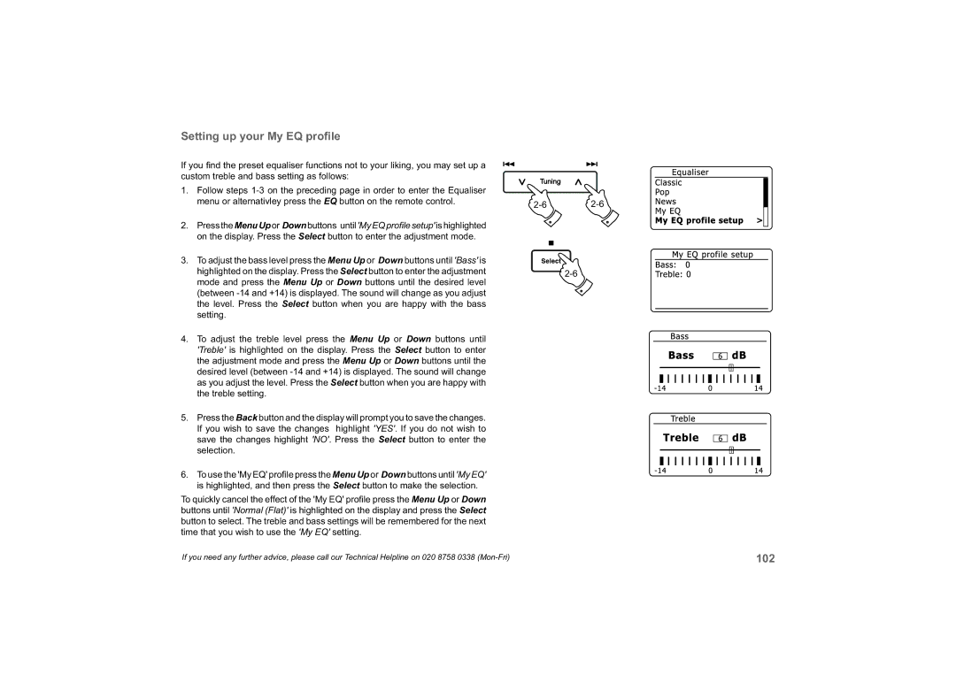 Roberts Radio 63I manual Setting up your My EQ proﬁle, 102 