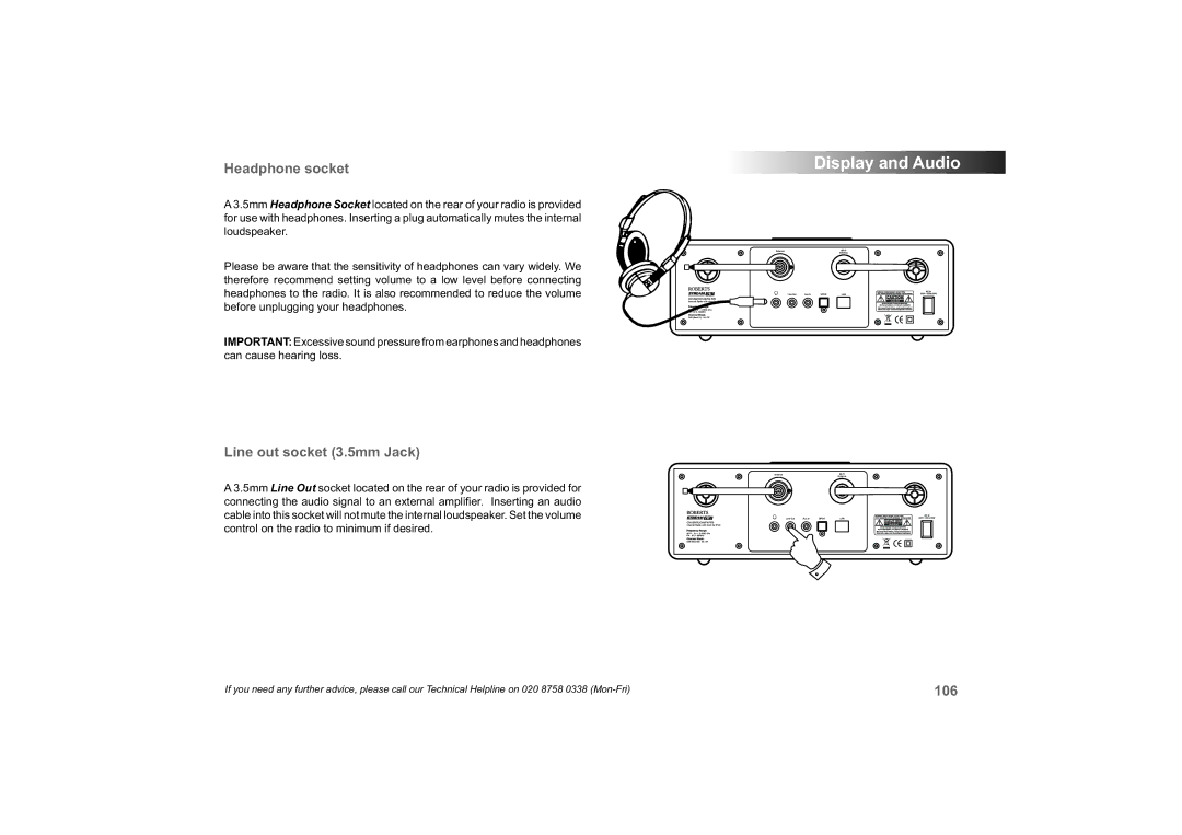 Roberts Radio 63I manual Headphone socket, Line out socket 3.5mm Jack 