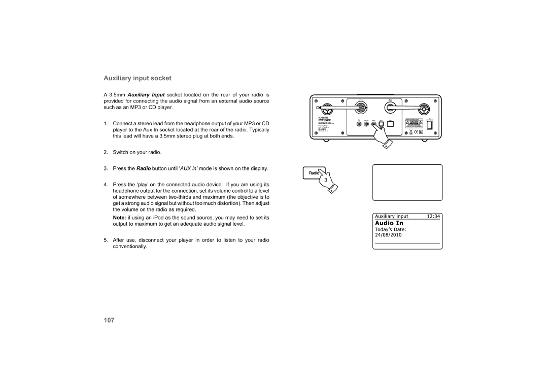 Roberts Radio 63I manual Auxiliary input socket, 107 